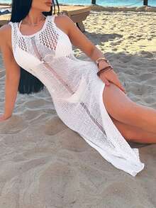 EURMUSE Robe longue en crochet ajourée en fil de laine de haute qualité - Blanc - Voir 7