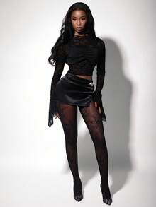 Amplova Women's Lace Long Sleeve Top With Metal Buckle Bust Cup, Sexy & Avant-Garde, Suitable For Party, Banquet, Christmas Eve - Black - View 3