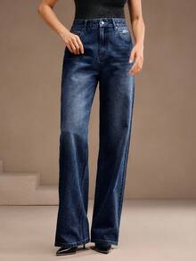 Anewsta Women's Ripped Rhinestone Embellished Casual Everyday Straight Leg Jeans - Blue - View 3