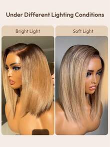 ALL READY WIG Ombre Honey Blonde Straight Bob Wig 7x5 Lace Closure Pre Cut Pre Bleached Glueless Wig 100% Human Hair Bob Wigs Bye Bye Knots Lace Front Blonde With Medium Brown Roots Pre Cut Pre Plucked Pre Bleached Effortless Wear - S4/613 - View 6