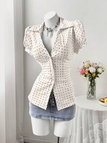 Sweetra 加大码女式杏色复古浪漫休闲学院风波点多功能开襟衬衫，时尚灯笼袖外套，常规款衬衫，适合日常外出和返校季，夏季适合返校季日常外出，适合日常穿着、办公室、度假、生日派对、音乐节、情人节、春夏女装+科切拉音乐节/派对，是度假的理想之选 - 彩色 - 查看 7