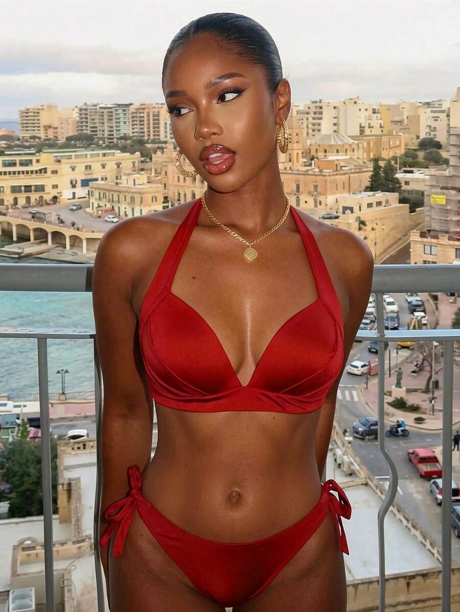Vaytide Chất rắn Bộ Bikini Dây Áo ngực đẩy & Cà vạt Quần lót Thong Đáy 2 mảnh Bộ đồ tắm - Đỏ - Xem 1