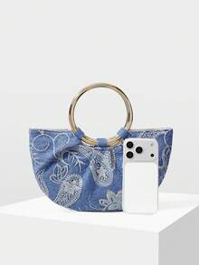 MOTF PREMIUM BOLSO DE MANO PARA MUJER, BOLSO DE TOTE SEMI-REDONDO CON BORDADO DELICADO - Celeste - Ver 4