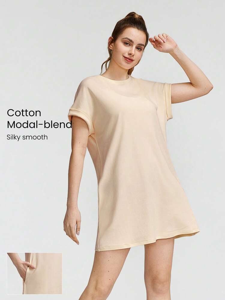 Modal Cotton Blend Loose Fit T-Shirt Dress With Side Pockets Daily Casual