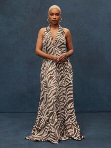 Zebra Print Sheer Chiffon Notched Collar Button Up Tiered Hem Maxi Shirt Dress - Multicolor - View 3