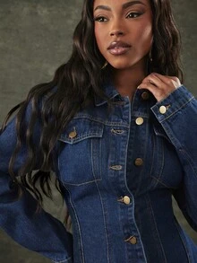 Denimoi Đầm denim ngắn nữ cài cúc phía trước, thắt eo - Rửa tối - Xem 2