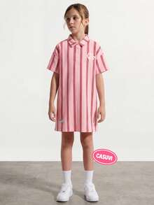 Casuvi Kids Đầm kiểu dáng rộng rãi, vai rớt, tay lửng, cổ áo sơ mi, họa tiết sọc dọc kỹ thuật số, phong cách vintage, thích hợp mặc ngoài trời, du lịch, mặc hàng ngày và mùa hè cho bé gái tuổi teen. - Nhiều màu - Xem 8