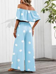 SHEIN Clasi Conjunto de 2 piezas con top hombros descubiertos y pantalones con estampado de lunares (patrón floral cortado al azar) - Celeste - Ver 2
