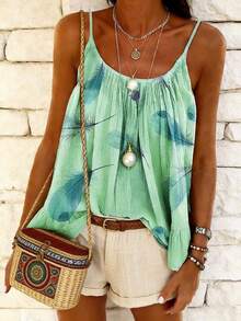 EMERY ROSE Women's Summer Beach Vacation Feather Print Pleated Loose Camisole - Multicolor - View 3