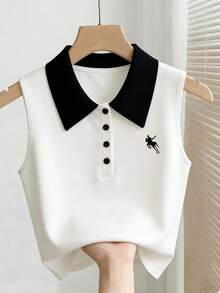 SHEIN Franclia Women's Sweet & Cool Black & White Contrast Oblique Shoulder Camisole, Fitted Short Knit Tank Top, Spring/Summer - Black and White - View 1