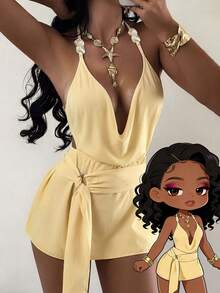 Swim SXY 女士无袖纯色连体连衣裙，夏季 - 黃色 - 查看 1