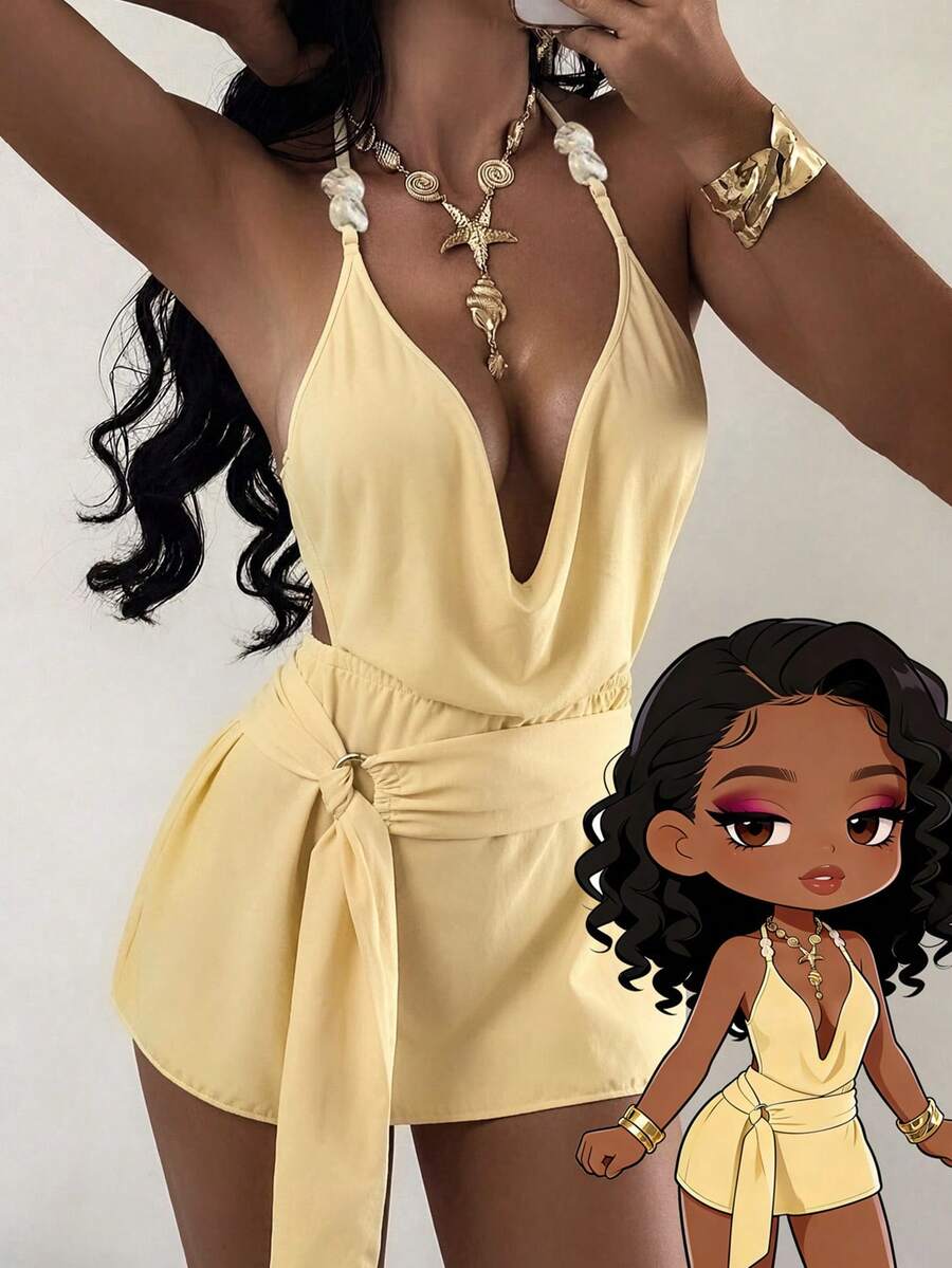 Swim SXY 女士无袖纯色连体连衣裙，夏季 - 黃色 - 查看 1