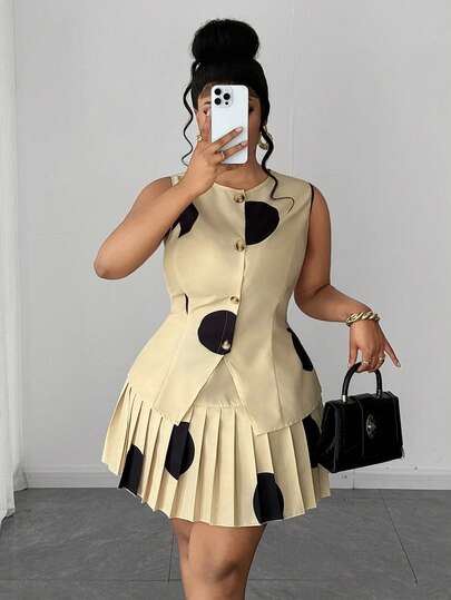Maweii 2026 New Plus Size Women's Summer Polka Dot Print Fabric Round Neck Button Front Sleeveless Fitted Tank Top + Elastic Waist Pleated A-Line Short Skirt 2-Piece Set