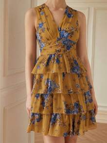 Aveloria Rosie 法式复古优雅V领无袖褶皱高腰工艺层叠荷叶边下摆撞色印花雪纺迷你连衣裙 - 黃色 - 查看 3