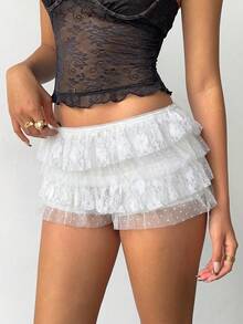 Aloruh Quần short nữ gợi cảm phong cách Punk Rock Bohemian Y2K ren đen xếp nếp siêu ngắn, quần short ren cạp siêu thấp mới. - Màu be - Xem 4
