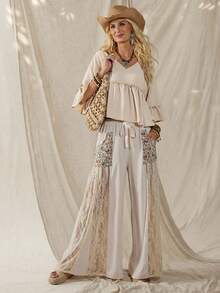 Wildy Phong cách lễ hội âm nhạc Boho, trang phục thường ngày kiểu miền Tây, chất liệu ren và hoa, phối hợp nhiều mảnh, dành cho nữ mùa xuân/hè. Quần ống rộng thoải mái, thích hợp mặc hàng ngày, đi làm, đi nghỉ mát, bộ đồ Boho cho nữ, trang phục đi biển, trang phục mùa hè cho nữ, quần áo lấy cảm hứng từ Free People. - Màu be - Xem 5