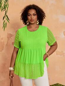 EMERY ROSE 大码女式绿色蕾丝拼接T恤 - 綠色 - 查看 4