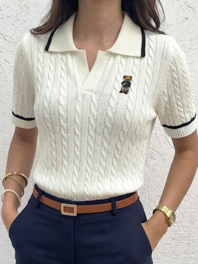 Briarwyn Summer Women's Casual Contrast Trim Bear Embroidery Short Sleeve Sweater, Summer/Women's Preppy Cable Knit Bear Embroidery Contrast Trim Polo Collar Short Sleeve Knit Top,Summer Outfits ,Vacation Outfits Women,Old Money Style,Collegiate Style