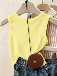 Resyla Women's Fitted Round Neck Tank Top With Embroidered Lemon Pattern - Yellow - View 2