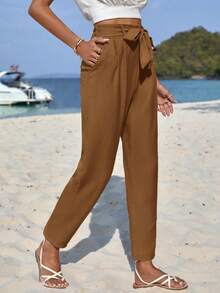 EURMUSE Belted Cropped Pants - Brown - View 4