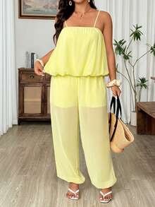 SHEIN LUNE Summer Fashion Solid Color Camisole Top And Pants Set, Plus Size Vacation Casual 2-Piece Outfit For Women - Light Yellow - View 5