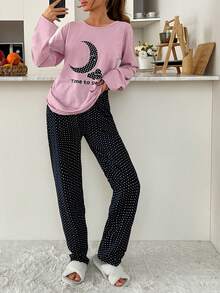 Loomlin 2pcs Cotton Contrast Colour Moon Printed Shirt And Star Printed Sleep Bottom PJ Set - Purple - View 4