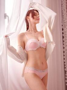 Bonmuse 2pcs Women Elegant Contrast Lace Patchwork Lingerie Set Lace Bra Set Push Up Lingerie Set Underwire Lingerie Set Padded Lingerie Set - Pink - View 9