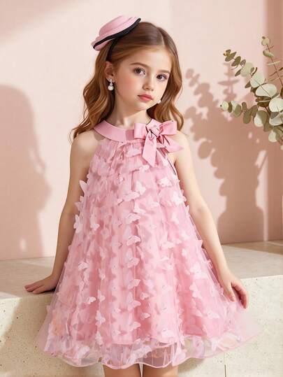 SHEIN Vestidos de niñas jóvenes con sueños dulces, vestido azul de cuello halter con malla floral 3D, elegante y único, adecuado para fiestas, salidas y uso diario