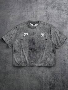 Manfinity ZONE917 Boxy Cropped Streetwear Loose Cement Gray Campus Logo Print Short Sleeve T-Shirt - Multicolor - View 5