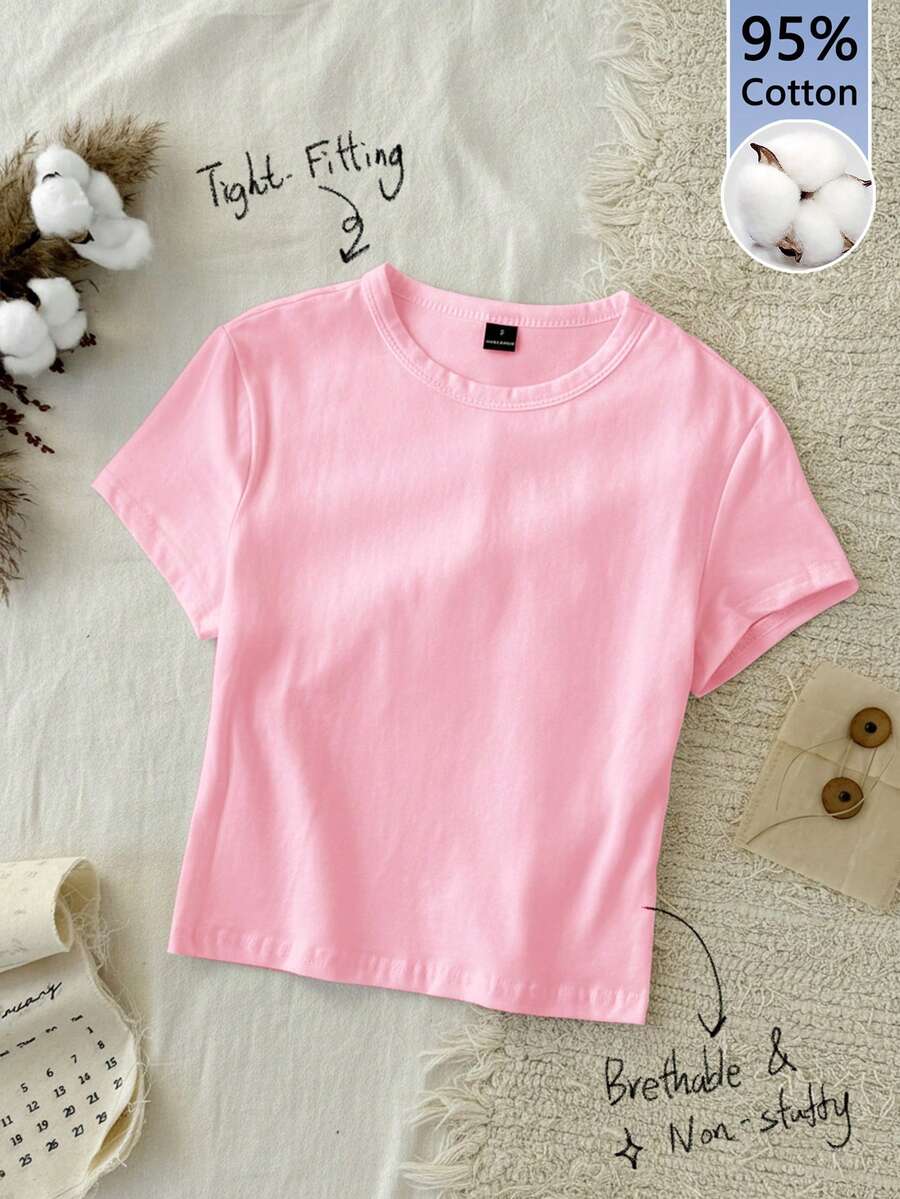 Tseoso 1件纯色修身T恤，95%棉，粉色圆领短袖，适合夏季穿着 - 淺粉色 - 查看 1