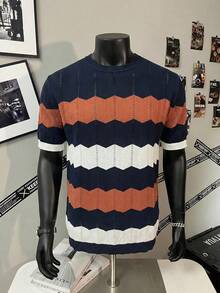 Manfinity Homme Men's Striped Pattern Crew Neck Knit Top,Navy And White Summer Casual Vacation Short Sleeve Stripe T Shirt,College Style Polo Knit Tshirt Rugby Shirt - Royal Blue - View 2