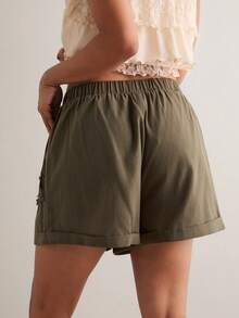 Freevana Quần short nữ cỡ lớn, cạp chun, ren, kiểu dáng thường ngày, đa năng, có thể mặc hàng ngày. - xanh quân đội - Xem 7