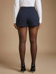 Radiana Women's Casual Commuter Striped Split Hem Shorts, Summer - Navy Blue - View 7