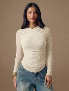 SHEIN BAE Women's Solid Color Ruched Long Sleeve Fitted Fashion T-Shirt - Apricot - View 5