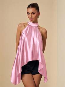 SHEIN BAE Olive Green Satin Halter Neck Backless Loose Maxi Dress, Suitable For Spring/Summer Vacation, Beach, Elegant Wedding Guest, Holiday, Autumn/Winter Evening Occasions, Christmas, Halloween - Baby Pink - View 7