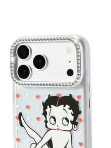 Betty Boop x SHEIN Cute Retro Be Tty Boop Transparent Glitter TPU Phone Case, Red Rose & Heart Charm Decor Shockproof Shell For IPhone - Multicolor - View 4