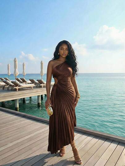 Slaydiva Women's Solid Color Cutout Waist Pleated Dress