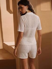 Swim Chiccia New Knitted French Romantic Crochet Texture Short Sleeve Top + Shorts Women Coverup Set - White - View 3