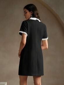 Anewsta Summer Elegant Contrast Color Block Studded Decorated Dress - Black - View 3