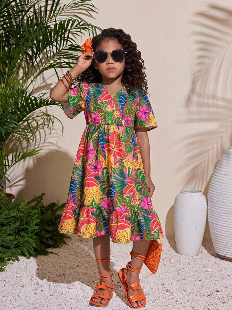 SHEIN Young Girl Casual Vacation V-Neck Tropical Print Dress - Multicolor - View 1