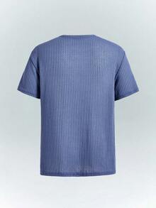 Driftmere 宽松男士纯色华夫格针织圆领休闲T恤 - 霧霾藍 - 查看 2