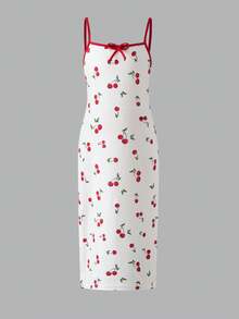 SHEIN Young Girl Casual Daily Fashion Red & White Cherry Blossom Print Snug Fit Dress - Red and White - View 3