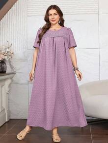Lacomfia 休闲简约绒球提花圆领宽松短袖大码连衣裙，适合春秋季穿着 - 淡紫色 - 查看 6