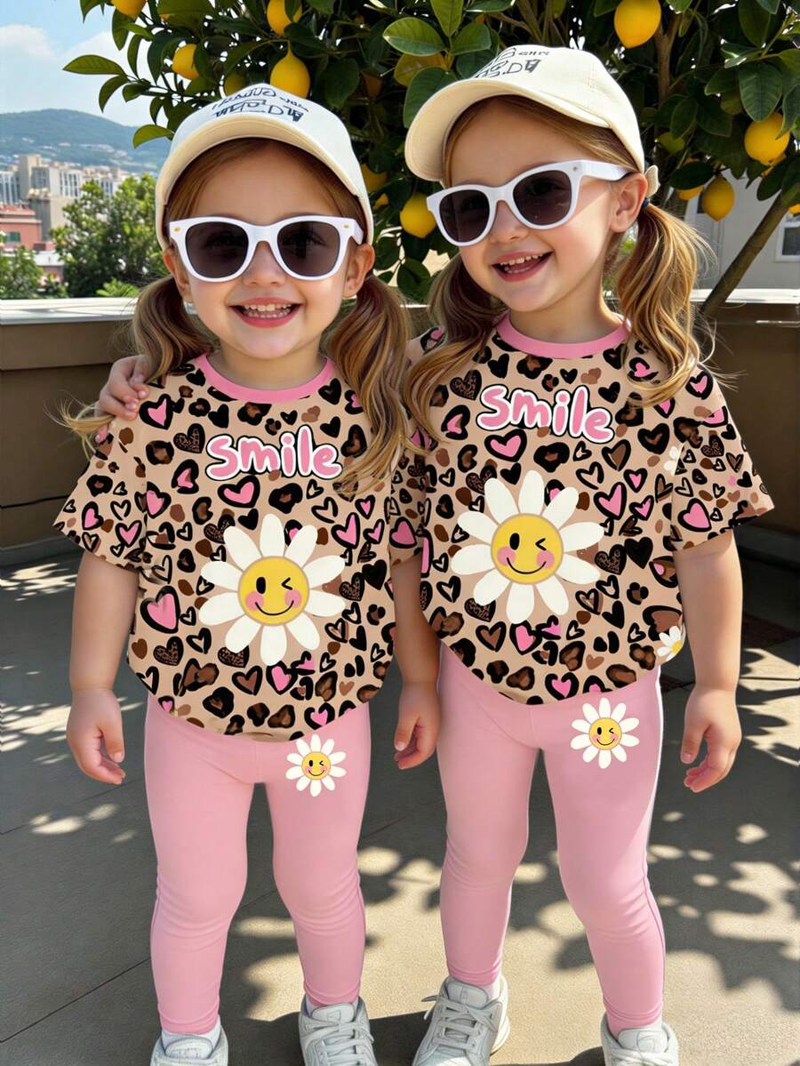 Frühlings- und Sommer-Lässig-Mode kreativ süße Cartoon-Blumen-, Gesichts-, Leoparden-Muster, Herz-förmige, Buchstaben-Grafik-Muster Kurz-T-Shirt und Leggings 2-teiliges Outfit-Set, bequem für den täglichen Gebrauch für Baby Mädchen, geeignet für Frühling, Sommer und Herbst - Verschiedenfarbig - Übersicht 1