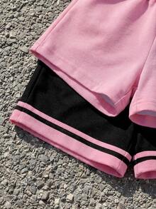 SHEIN 4件套女婴幼儿圆领短袖T恤和短裤运动套装，芝加哥/洛杉矶字母图案，多种颜色可选，2套运动套装，适合春夏，6个月-3岁 - 彩色 - 查看 4