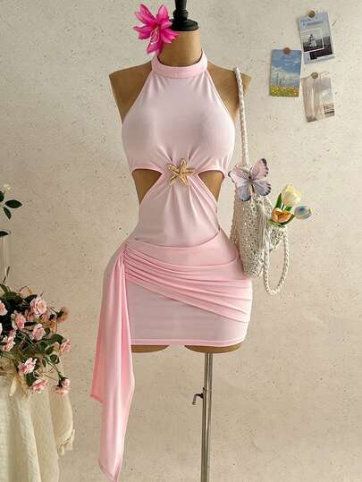 Soleia Vestido de verano/primavera nuevo casual para vacaciones, boda en la playa, invitado de boda, graduación, brunch, apropiado para el Día de San Patricio, vacaciones de primavera, Pascua, festivales de música, elegante estilo bohemio tropical, Día de San Valentín, boda, fiesta, espalda descubierta, decoración metálica, nudo retorcido, rosa, tirantes de lazo, drapeado, mini vestido halter para mujer