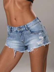 TRNVIE Fashionable Casual Distressed Low-Rise Denim Shorts - Light Wash - View 1