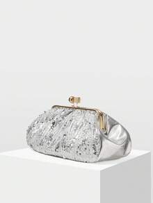 MOTF PREMIUM FASHION PLEATED SEQUINED CLIP CLUTCH BAG, EXQUISITE PARTY PARTY DINNER BAG - Silver - View 2