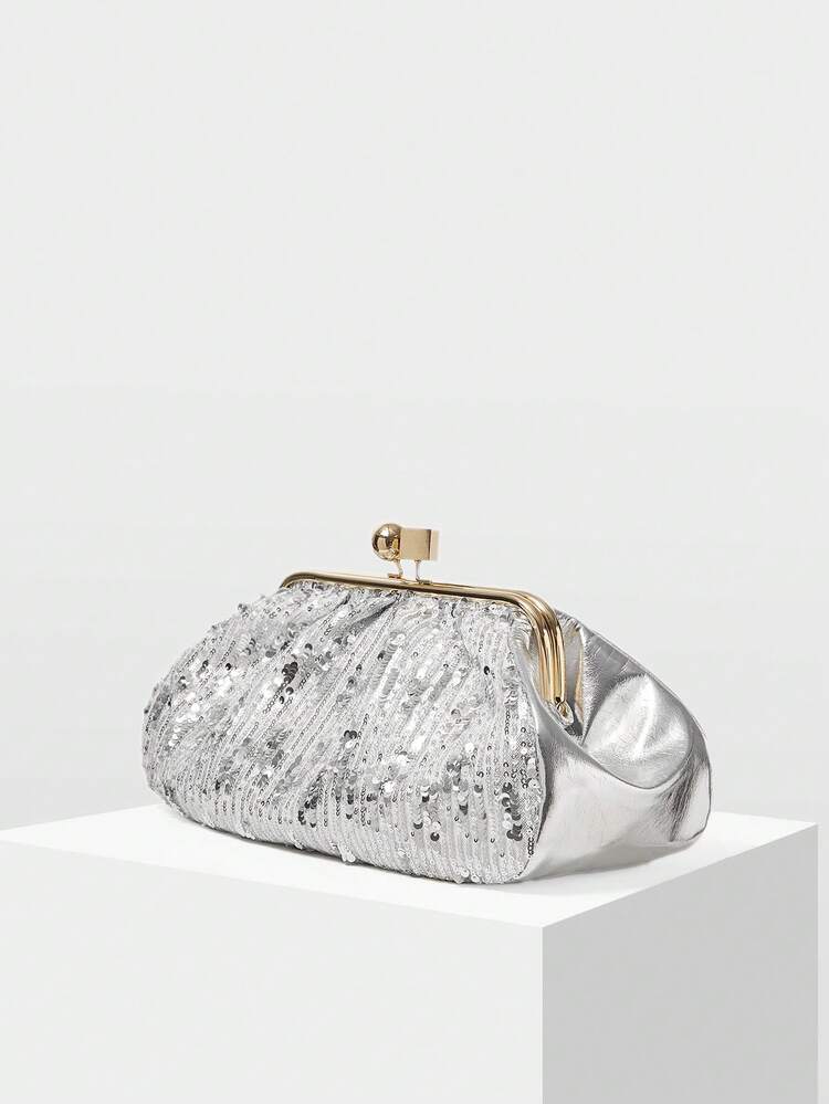 FASHION PLEATED SEQUINED CLIP CLUTCH BAG, EXQUISITE PARTY PARTY DINNER BAG