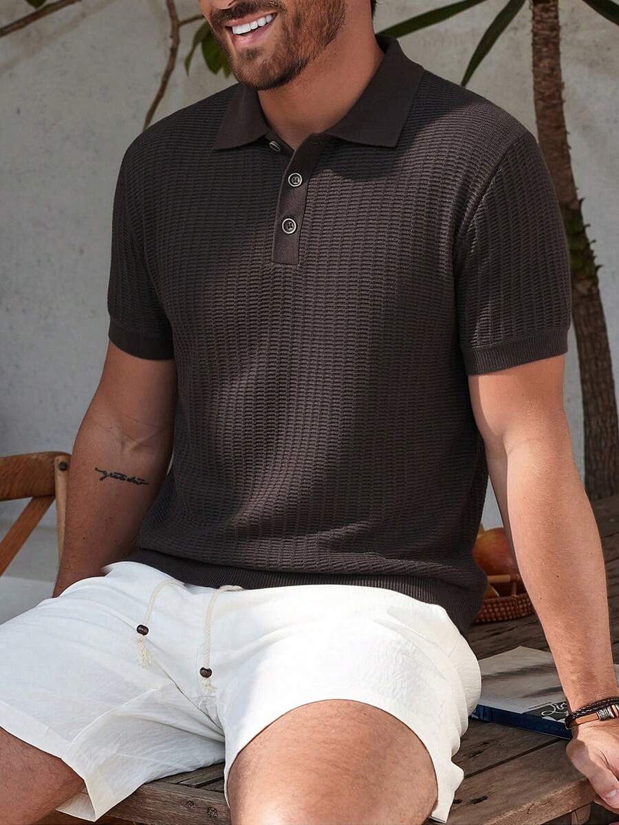 Marcello Vane 男士纯色 Polo 领休闲短袖针织上衣 - 咖啡棕 - 查看 1